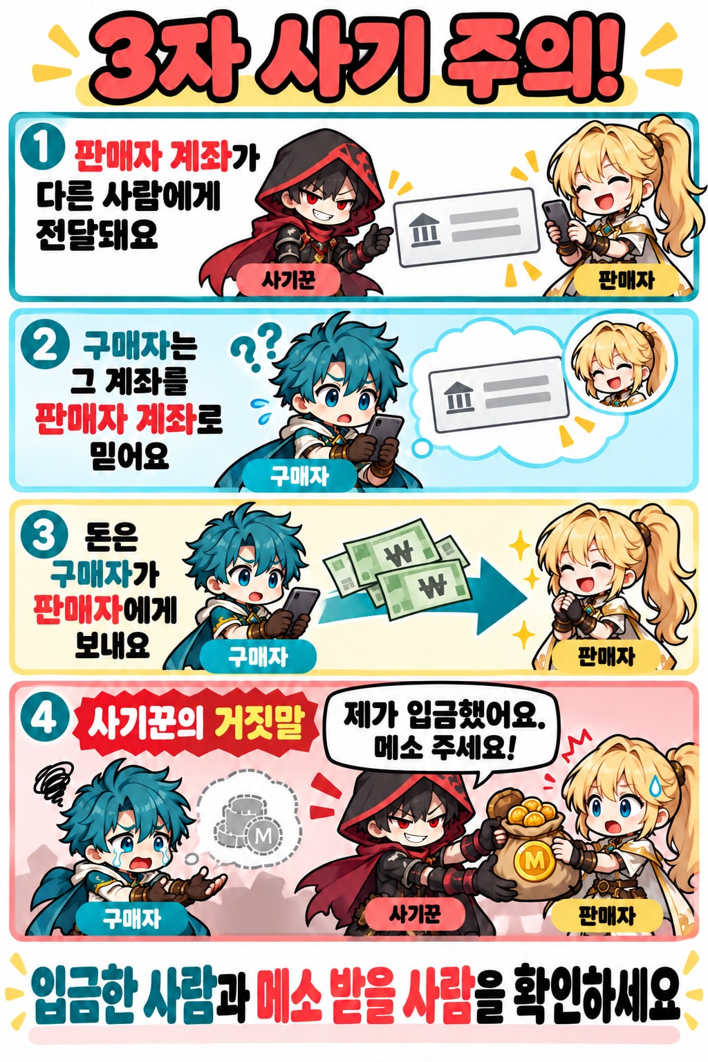 사기꾼이 판매자의 계좌를 구매자에게 전달하고, 구매자가 입금하면 자신이 입금했다고 메소를 받아 가는 네 단계