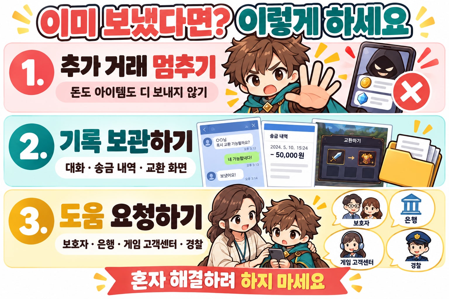 피해가 의심되면 거래를 멈추고 기록을 보관한 뒤 도움을 요청하는 세 단계 안내